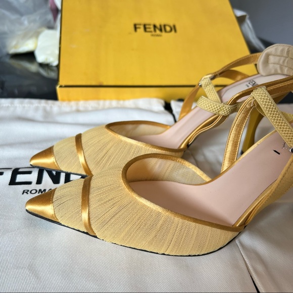 💯 Authentic New FENDI Tulle And Satin High-Heeled Slingbacks Sunflower Color - Picture 3 of 8